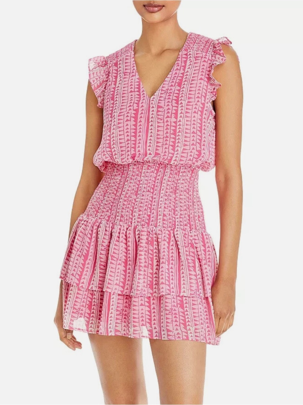 Pink V-Neck Smocked Waist Tiered Mini Dress